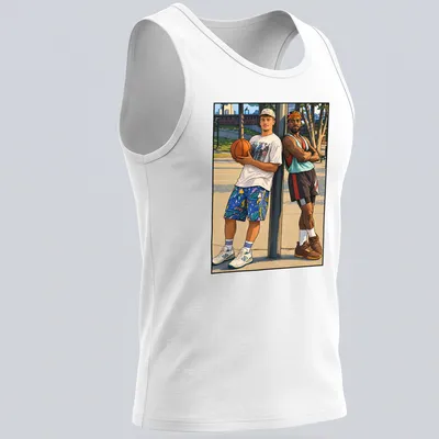 Colorful cartoon print of two basketball players with the text 'White Can't Jump' — printed on a tank top