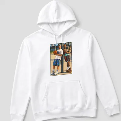 Colorful cartoon print of two basketball players with the text 'White Can't Jump' — printed on a unisex hoodie