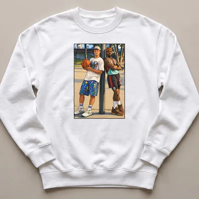 Colorful cartoon print of two basketball players with the text 'White Can't Jump' — printed on a unisex sweatshirt