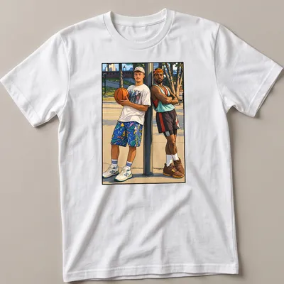 Colorful cartoon print of two basketball players with the text 'White Can't Jump'