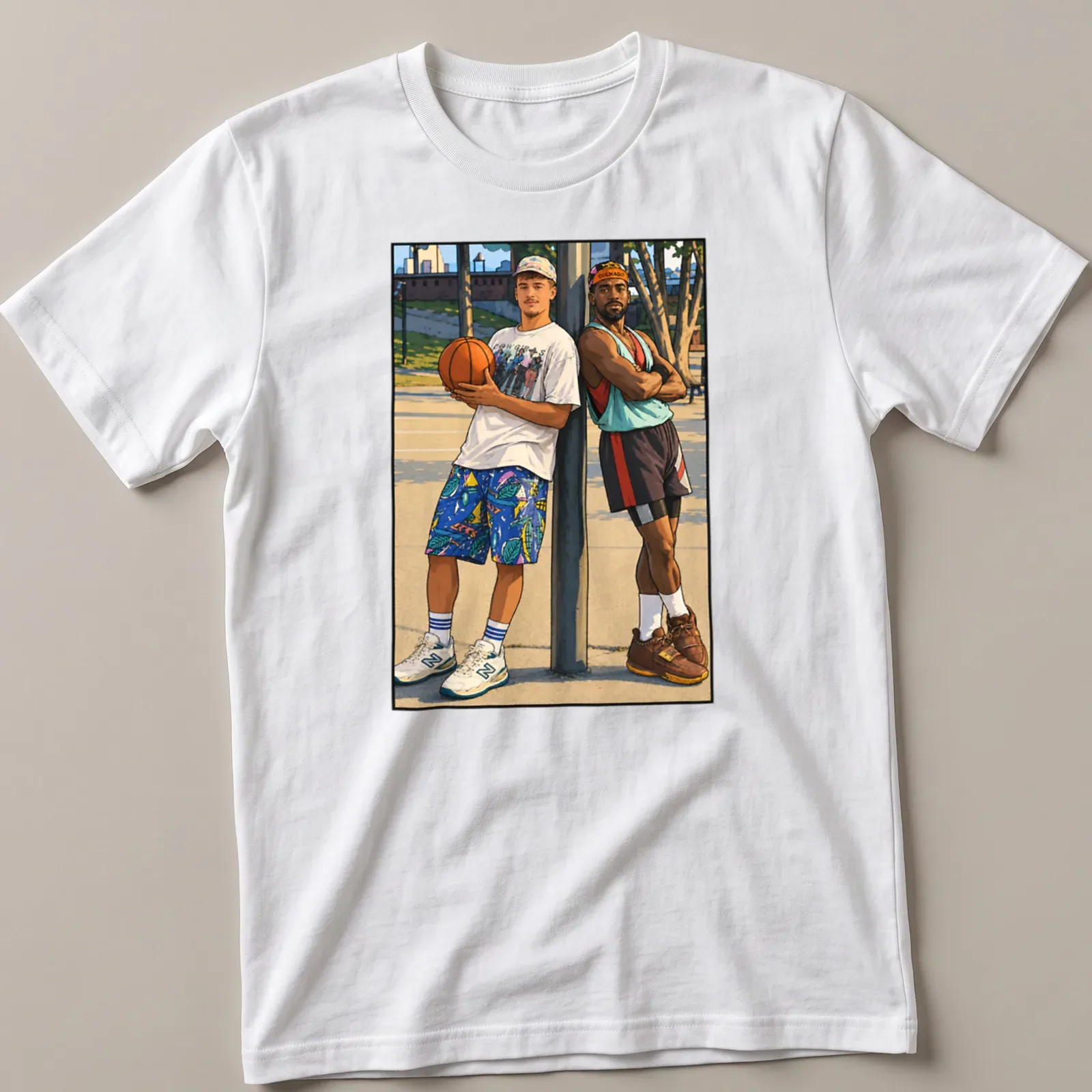 Colorful cartoon print of two basketball players with the text 'White Can't Jump' — printed on a unisex t-shirt
