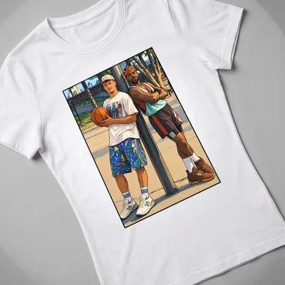 Colorful cartoon print of two basketball players with the text 'White Can't Jump' — printed on a women's shirt