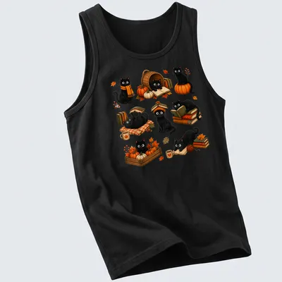 Whimsical illustration of black cats reading books among pumpkins in autumn colors — printed on a tank top