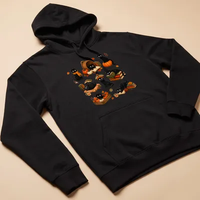 Whimsical illustration of black cats reading books among pumpkins in autumn colors — printed on a unisex hoodie