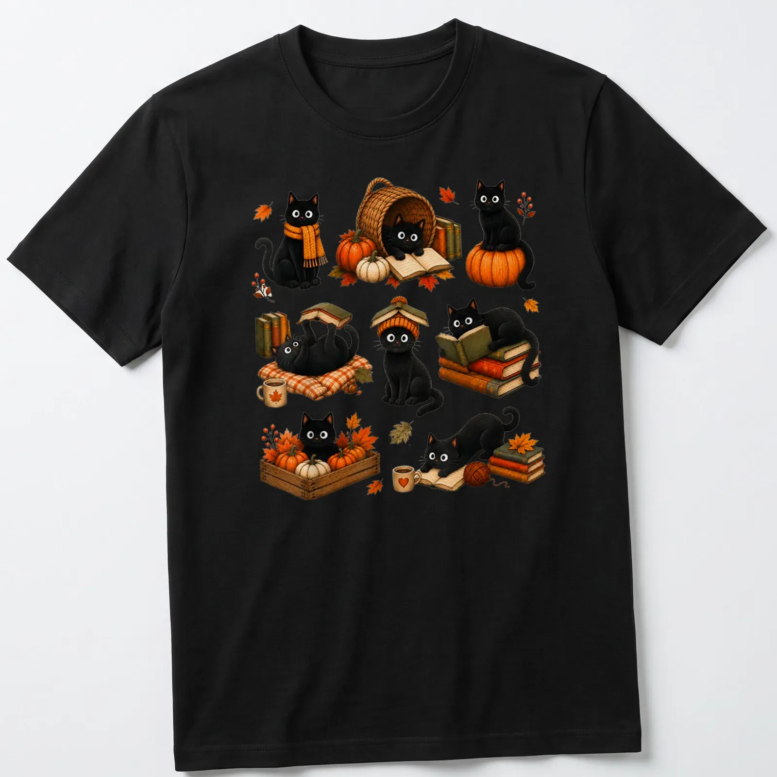 Whimsical illustration of black cats reading books among pumpkins in autumn colors — printed on a unisex t-shirt