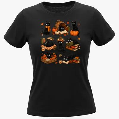 Whimsical illustration of black cats reading books among pumpkins in autumn colors — printed on a women's shirt