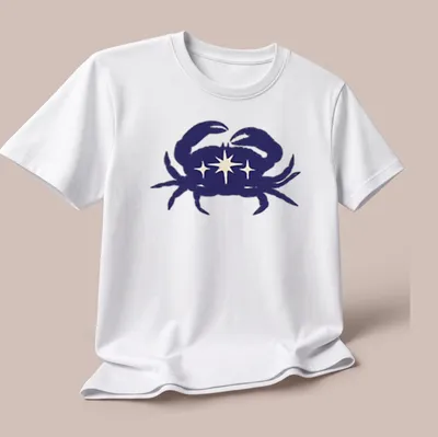 Illustration of a blue crab representing Cancer zodiac on a — printed on a unisex t-shirt (angled view)