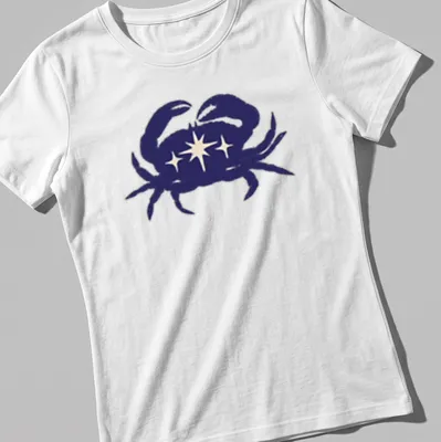 Illustration of a blue crab representing Cancer zodiac on a — printed on a women's shirt