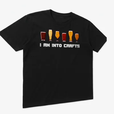 Vintage distressed t-shirt featuring beer glasses and text 'I Am Into Crafts' — printed on a unisex t-shirt (angled view)