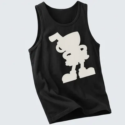 White silhouette of Cuphead character on a black — printed on a tank top