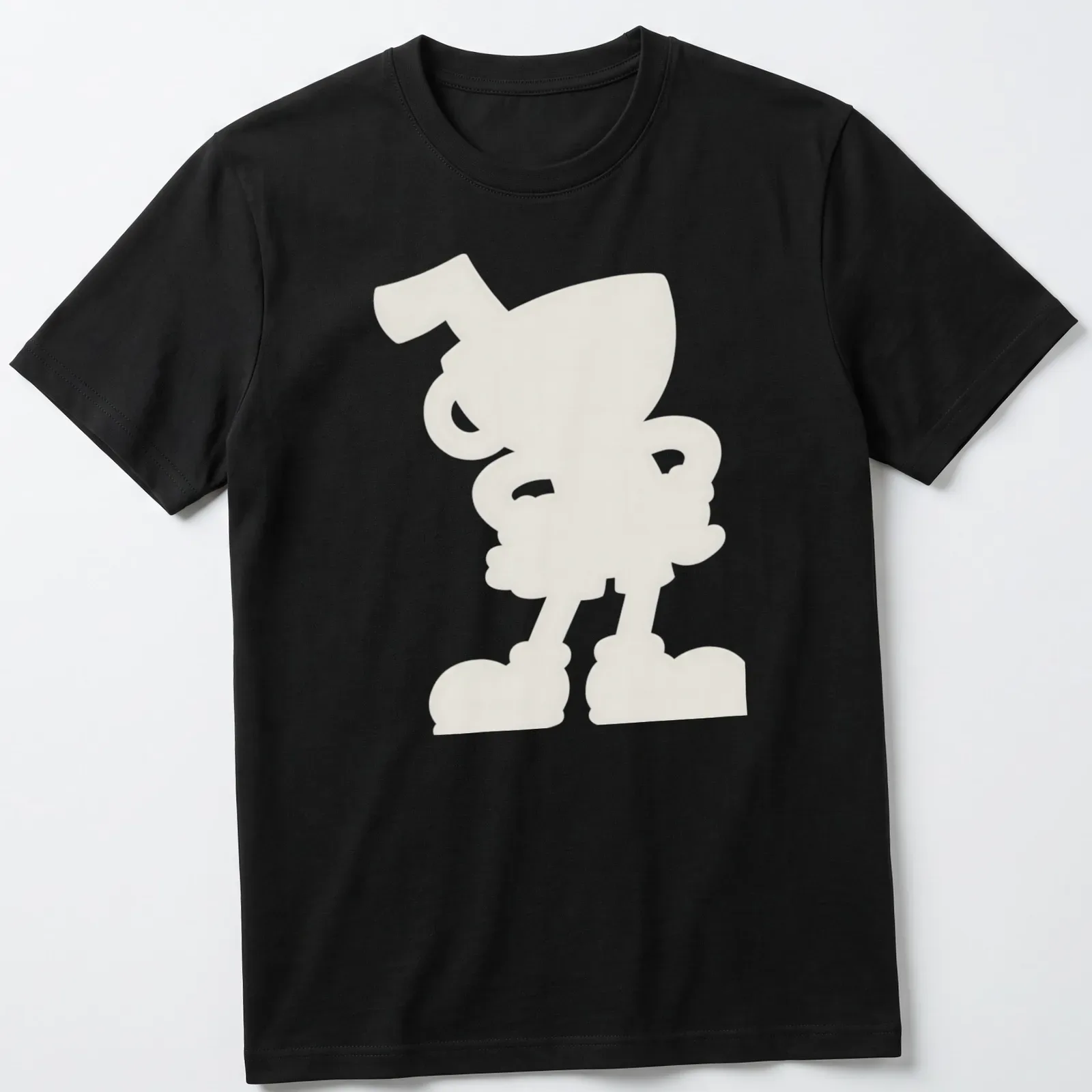 White silhouette of Cuphead character on a black — printed on a unisex t-shirt
