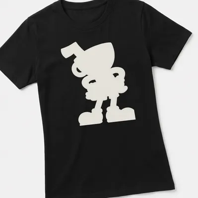 White silhouette of Cuphead character on a black — printed on a women's shirt
