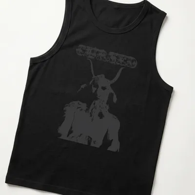 Distressed illustration of a goat creature with the text CURSED in bold letters — printed on a tank top
