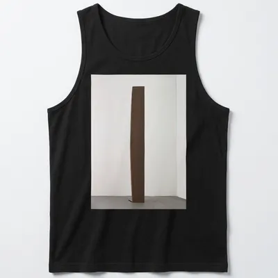 Minimalist illustration of a sculptural wooden form in brown and white — printed on a tank top