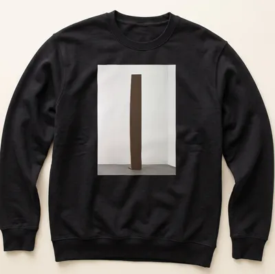 Minimalist illustration of a sculptural wooden form in brown and white — printed on a unisex sweatshirt