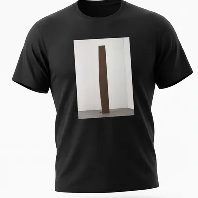 Minimalist illustration of a sculptural wooden form in brown and white — printed on a unisex t-shirt