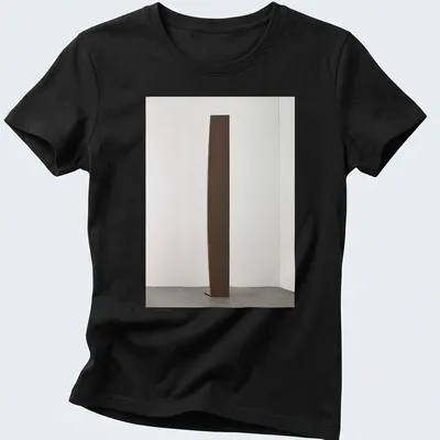 Minimalist illustration of a sculptural wooden form in brown and white — printed on a women's shirt