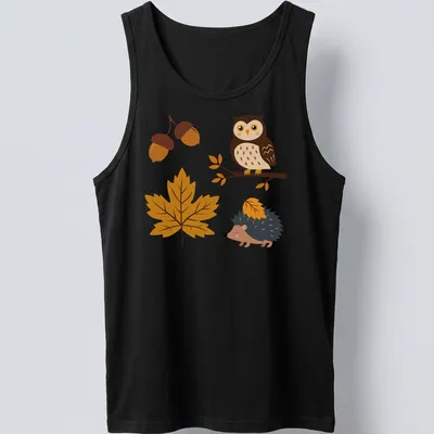 Kawaii design with an owl and hedgehog surrounded by acorns and leaves in autumn colors — printed on a tank top