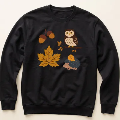 Kawaii design with an owl and hedgehog surrounded by acorns and leaves in autumn colors — printed on a unisex sweatshirt