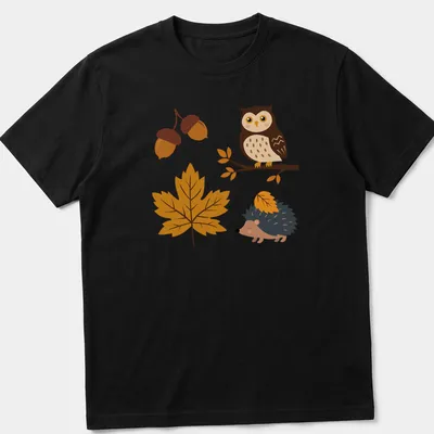 Kawaii design with an owl and hedgehog surrounded by acorns and leaves in autumn colors — printed on a unisex t-shirt