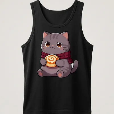 Kawaii British Shorthair cat holding a cinnamon roll in warm colors — printed on a tank top