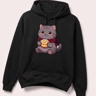 Kawaii British Shorthair cat holding a cinnamon roll in warm colors — printed on a unisex hoodie