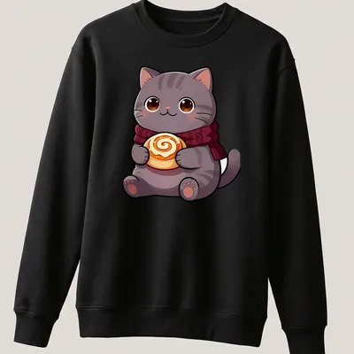 Kawaii British Shorthair cat holding a cinnamon roll in warm colors — printed on a unisex sweatshirt