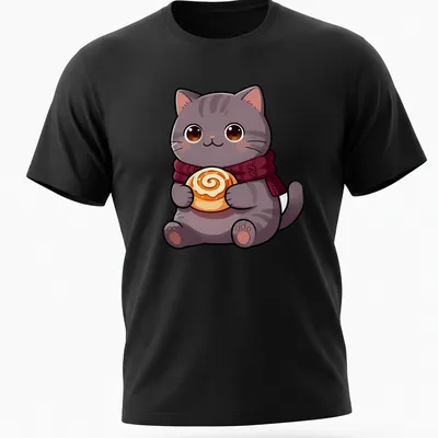 Kawaii British Shorthair cat holding a cinnamon roll in warm colors