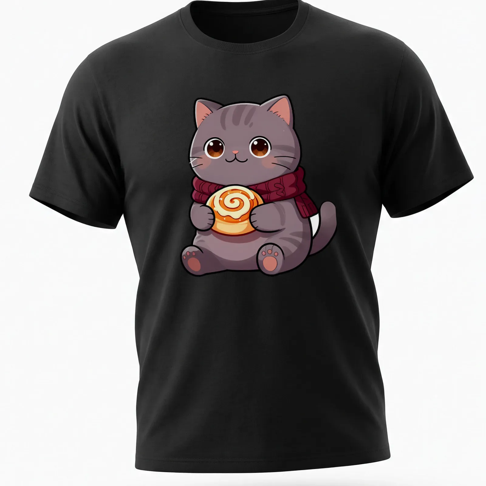 Kawaii British Shorthair cat holding a cinnamon roll in warm colors — printed on a unisex t-shirt