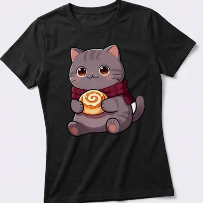 Kawaii British Shorthair cat holding a cinnamon roll in warm colors — printed on a women's shirt