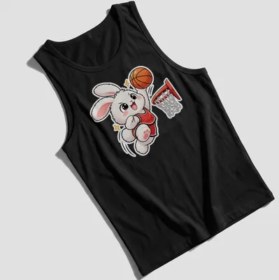 Kawaii style t-shirt featuring a cute bunny dunking a basketball — printed on a tank top