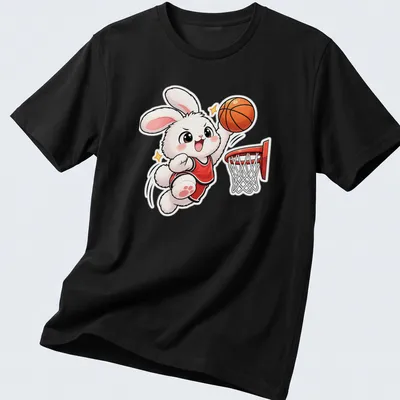 Kawaii style t-shirt featuring a cute bunny dunking a basketball — printed on a unisex t-shirt