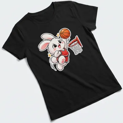 Kawaii style t-shirt featuring a cute bunny dunking a basketball — printed on a women's shirt