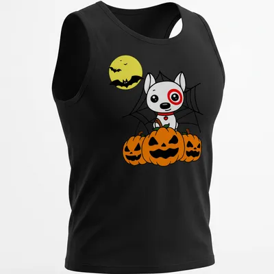 Kawaii cartoon of a cute dog with pumpkins and bats for Halloween — printed on a tank top