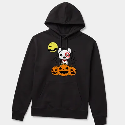 Kawaii cartoon of a cute dog with pumpkins and bats for Halloween — printed on a unisex hoodie