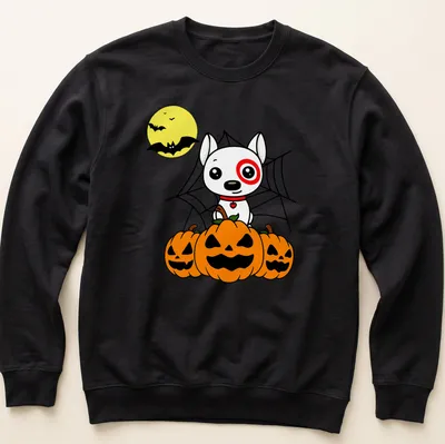 Kawaii cartoon of a cute dog with pumpkins and bats for Halloween — printed on a unisex sweatshirt