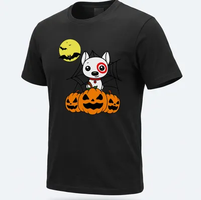 Kawaii cartoon of a cute dog with pumpkins and bats for Halloween