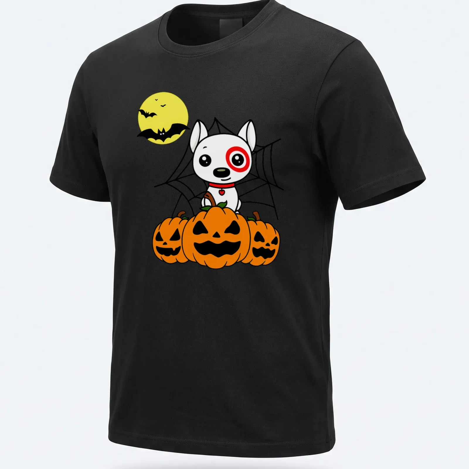 Kawaii cartoon of a cute dog with pumpkins and bats for Halloween — printed on a unisex t-shirt