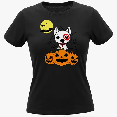Kawaii cartoon of a cute dog with pumpkins and bats for Halloween — printed on a women's shirt