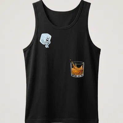 Cartoon ice cube splashing in a whiskey glass in light blue and orange — printed on a tank top
