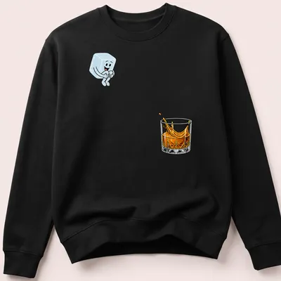 Cartoon ice cube splashing in a whiskey glass in light blue and orange — printed on a unisex sweatshirt