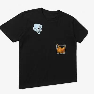 Cartoon ice cube splashing in a whiskey glass in light blue and orange — printed on a unisex t-shirt (angled view)
