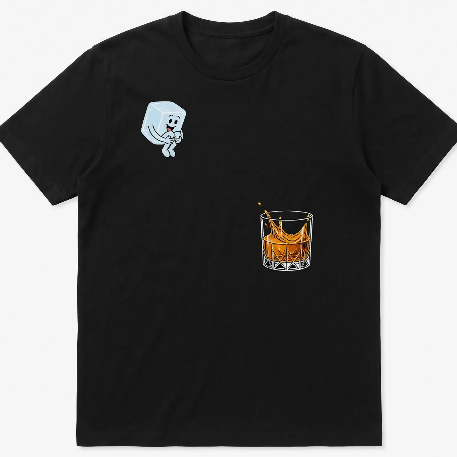 Cartoon ice cube splashing in a whiskey glass in light blue and orange — printed on a unisex t-shirt