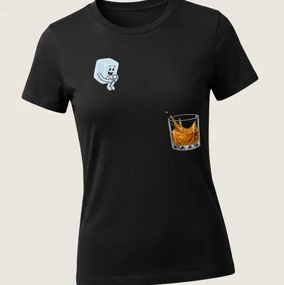 Cartoon ice cube splashing in a whiskey glass in light blue and orange — printed on a women's shirt