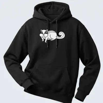 Kawaii cat character in cute line-art style on a black and white — printed on a unisex hoodie