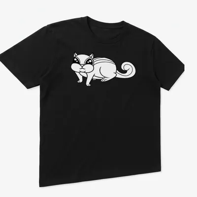Kawaii cat character in cute line-art style on a black and white — printed on a unisex t-shirt (angled view)