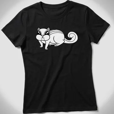 Kawaii cat character in cute line-art style on a black and white — printed on a women's shirt