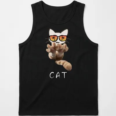 Kawaii line-art of a cute kitten with sunglasses and a paw design — printed on a tank top