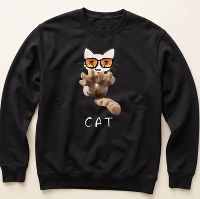 Kawaii line-art of a cute kitten with sunglasses and a paw design — printed on a unisex sweatshirt