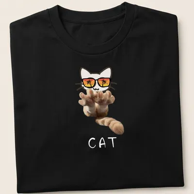 Kawaii line-art of a cute kitten with sunglasses and a paw design — printed on a unisex t-shirt